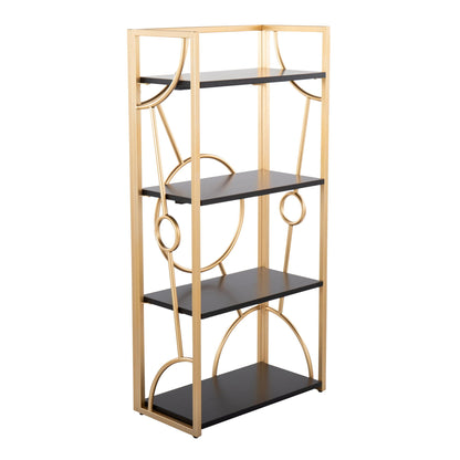 Contemporary etagere bookcase with four black wood shelves and gold metal frame by HouseOfZazla on Tampa Home & Garden Store