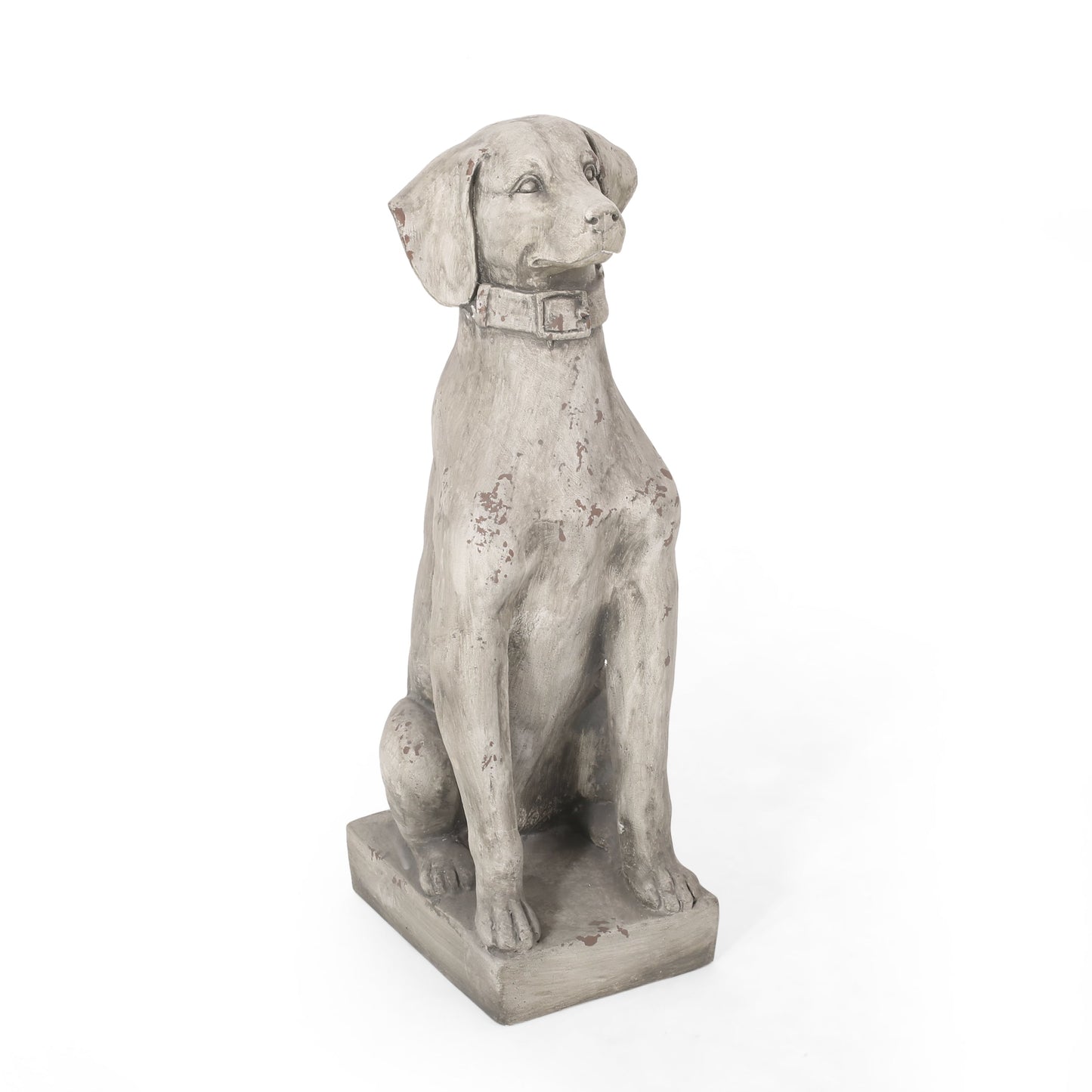 MGO Dog Decor Outdoor Dog Statue antique gray weathered finish standing on square base on Tampa Home & Garden Store