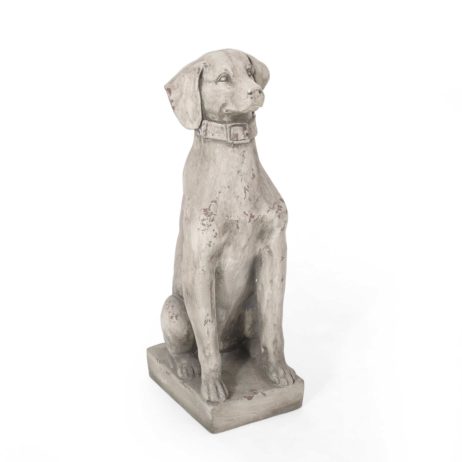 MGO Dog Decor Outdoor Dog Statue antique gray weathered finish standing on square base on Tampa Home & Garden Store
