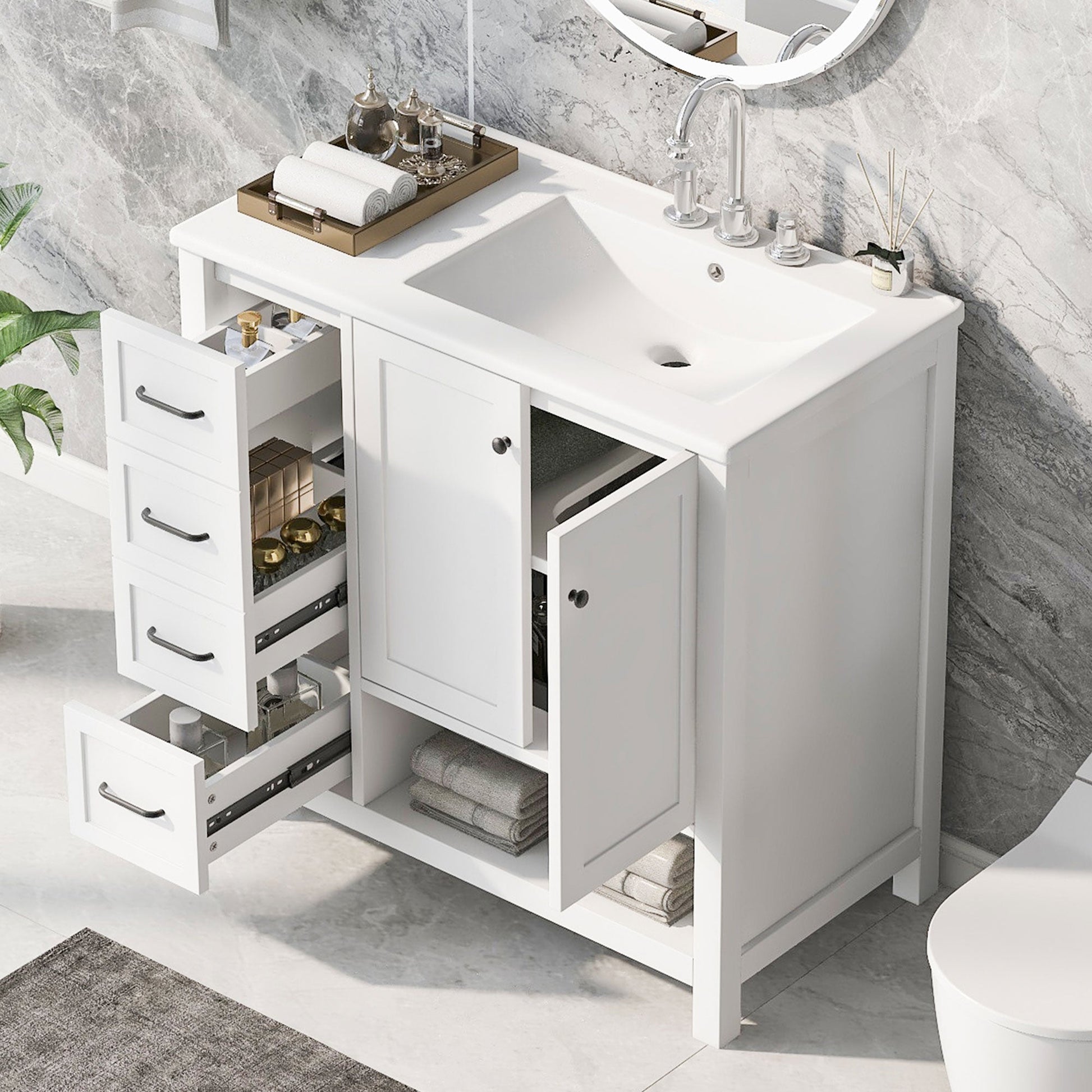 36in white bathroom vanity with integrated sink and storage cabinet, chrome faucet on Tampa Home & Garden Store