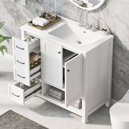 36in white bathroom vanity with integrated sink and storage cabinet, chrome faucet on Tampa Home & Garden Store