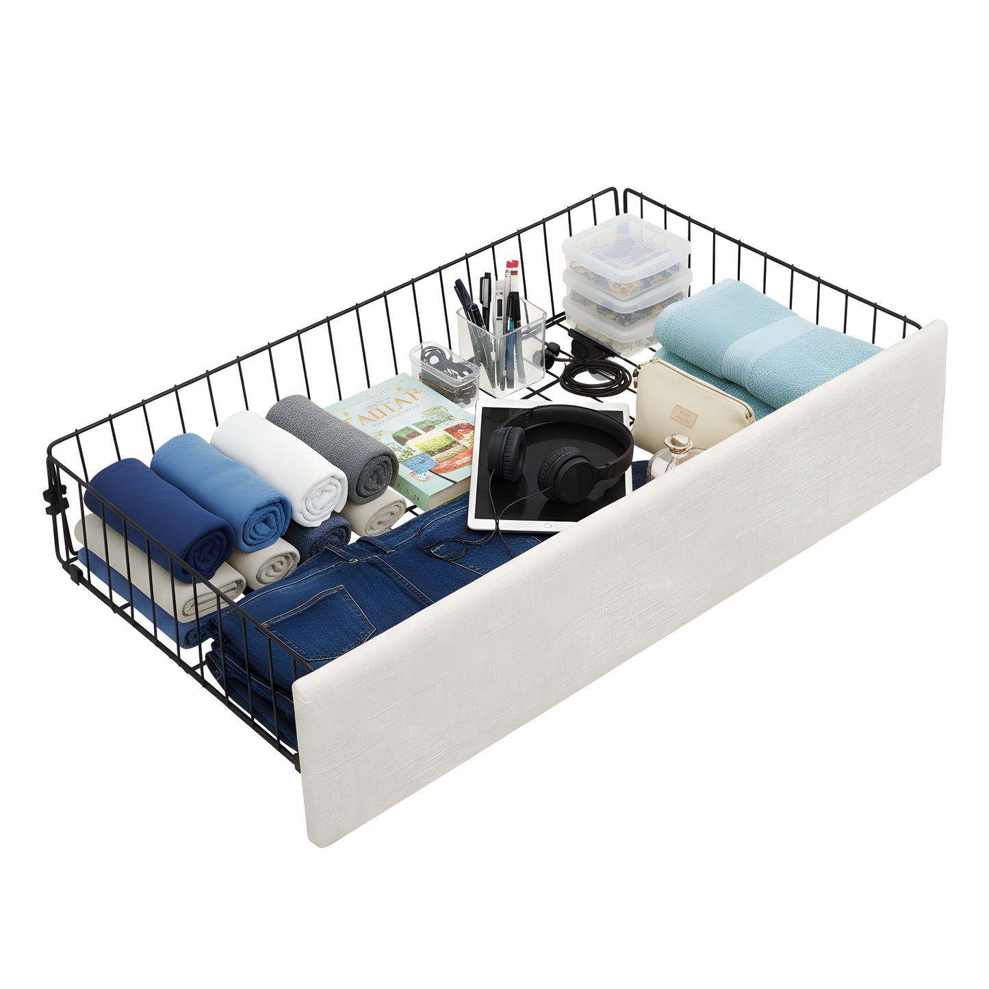 Large-Capacity Upholstered Storage Bed with Drawers by HouseOfZazla, white base with black metal rails on Tampa Home & Garden Store