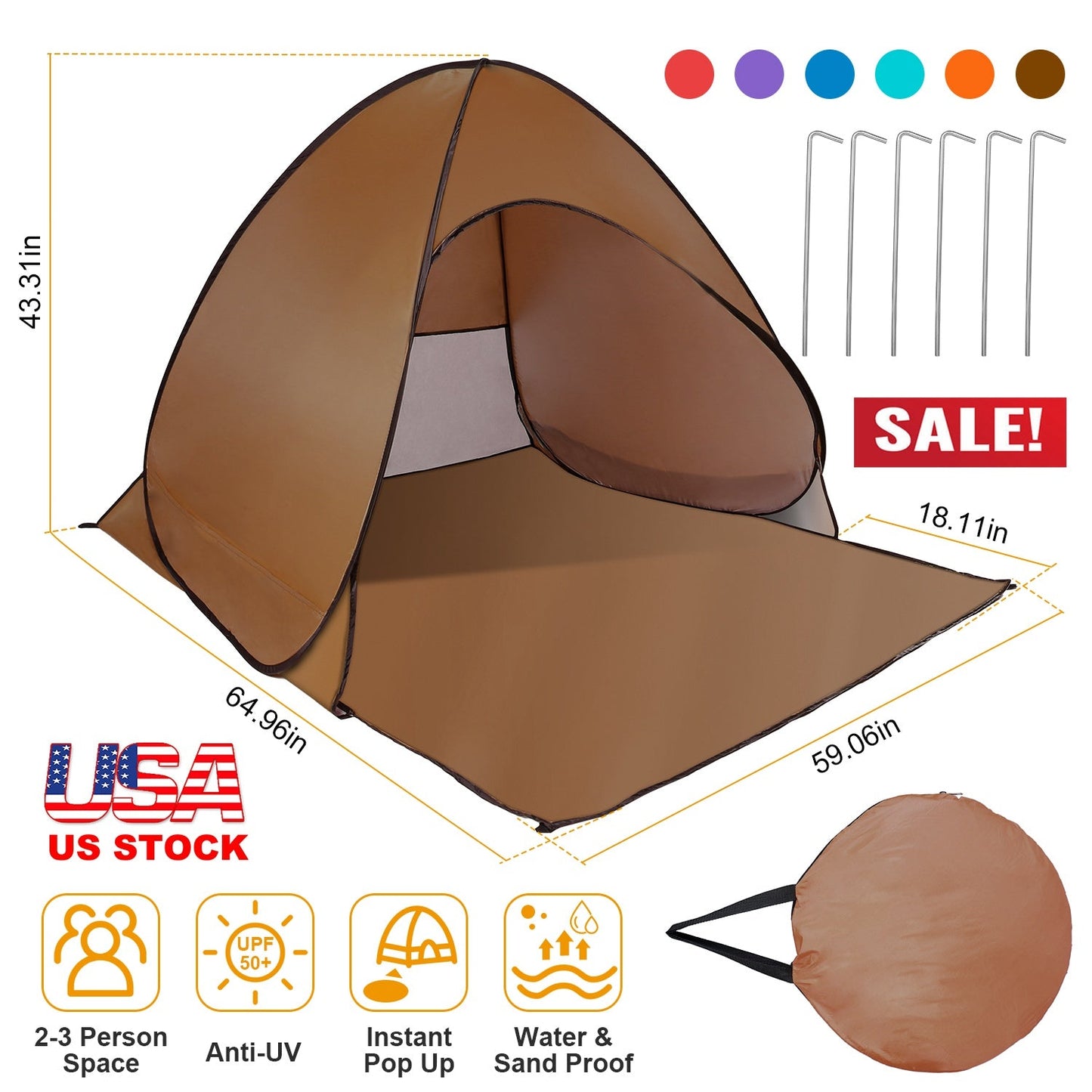 GemGear pop-up beach tent sun shade shelter brown, anti-UV UPF50+, 2-3 person capacity with storage bag on Tampa Home & Garden Store