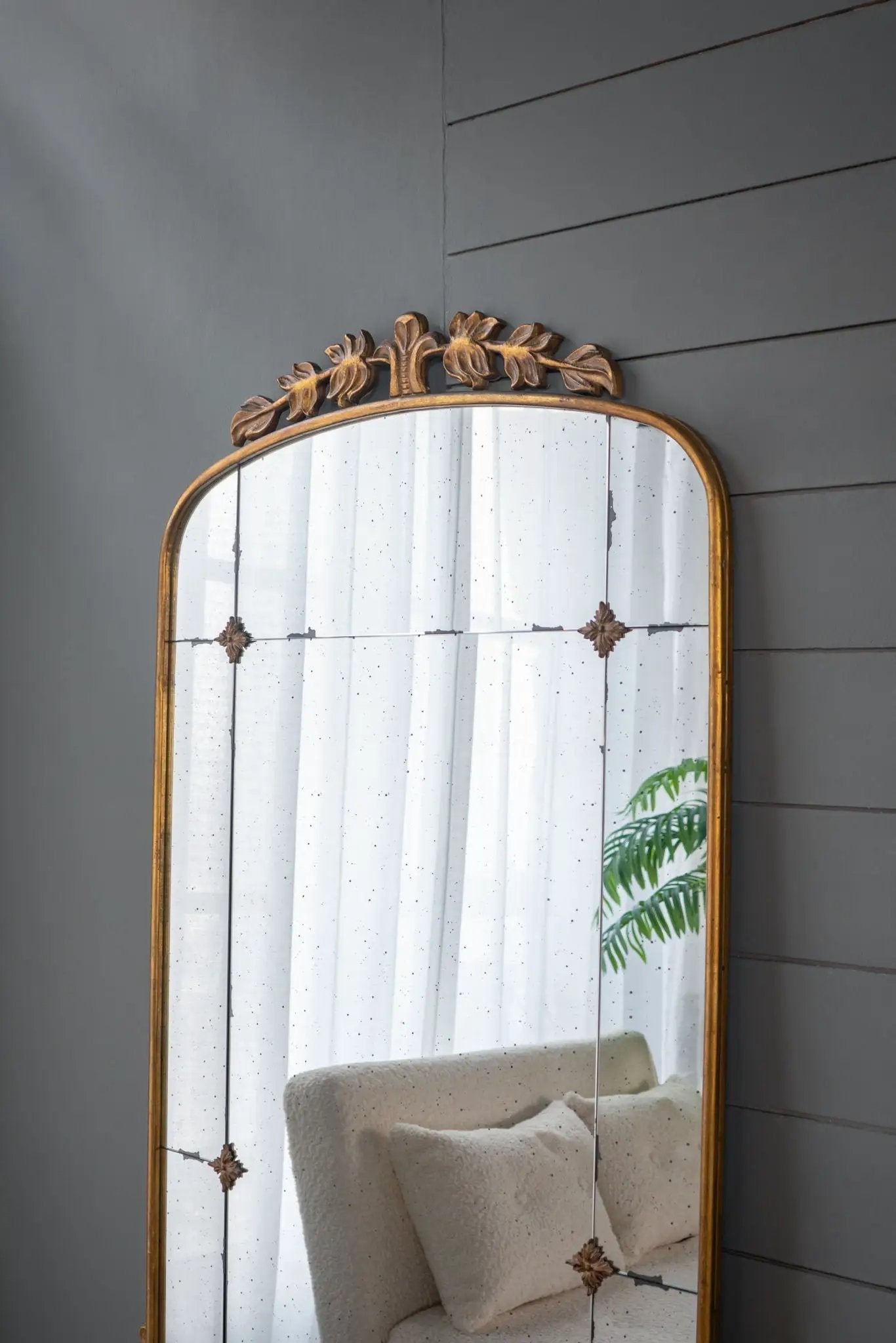 Lavish full-length gold mirror with ornate leaf crest by Unique Piece Furniture on Tampa Home & Garden Store
