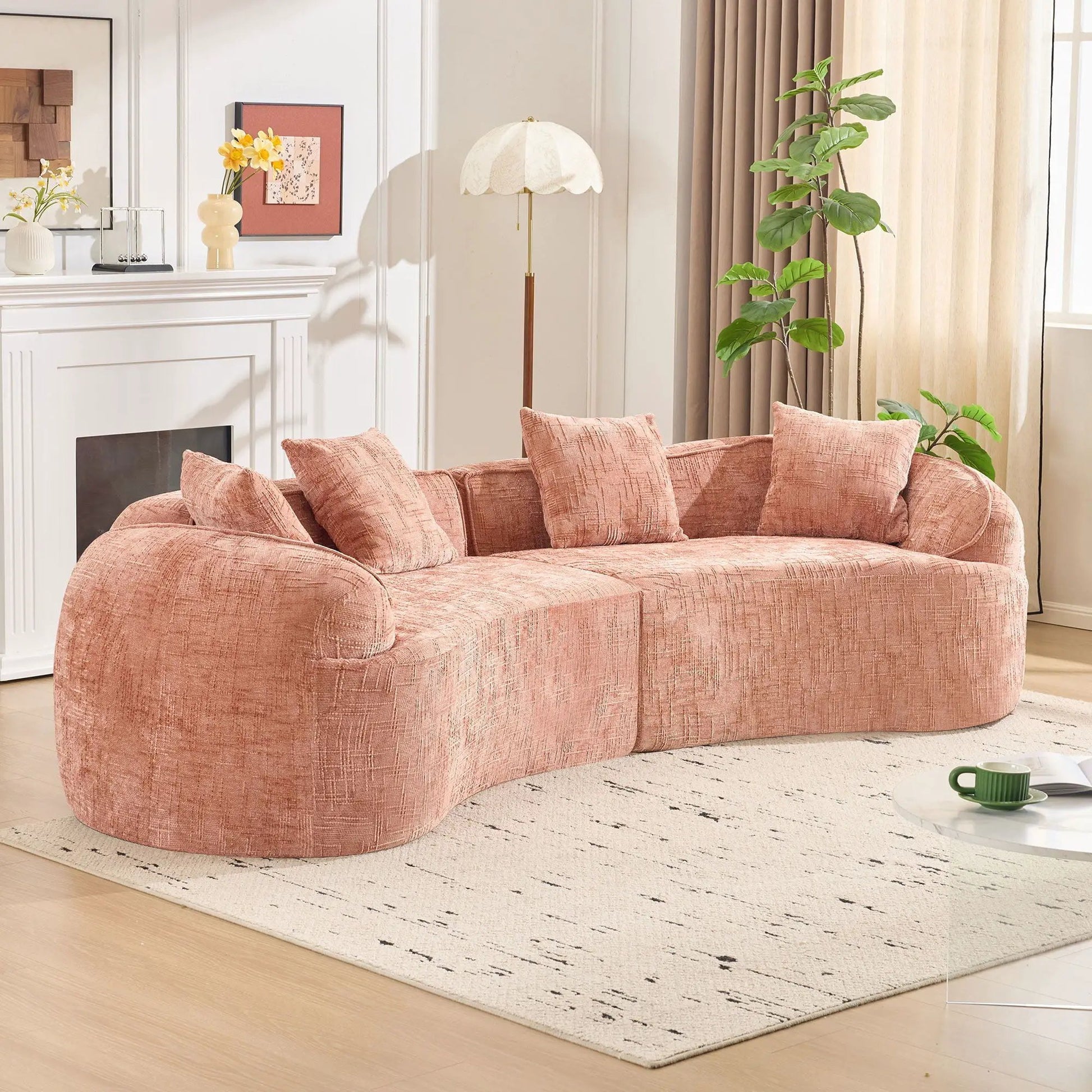 Curved Compressed Sofa pink fabric with plush cushions Nordic living room piece on Tampa Home & Garden Store