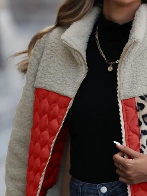 Leopard color-block zip-up jacket by Stevvex with beige sherpa and red quilted panels on Tampa Home & Garden Store
