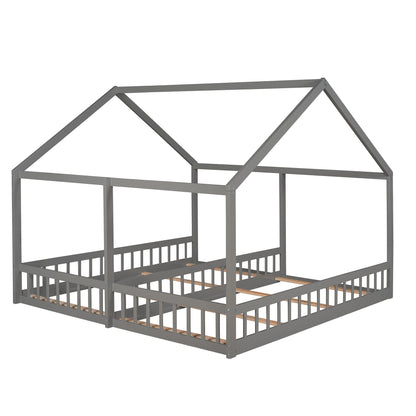 HouseOfZazla two-bed metal platform bed frame with guardrails in gray on Tampa Home & Garden Store