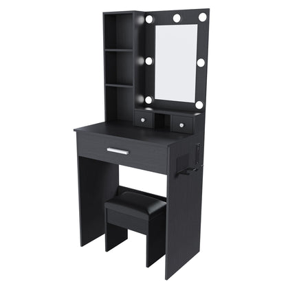 Vanity Set with mirror and adjustable LED lights, black wood finish, shelves and power outlet on Tampa Home & Garden Store