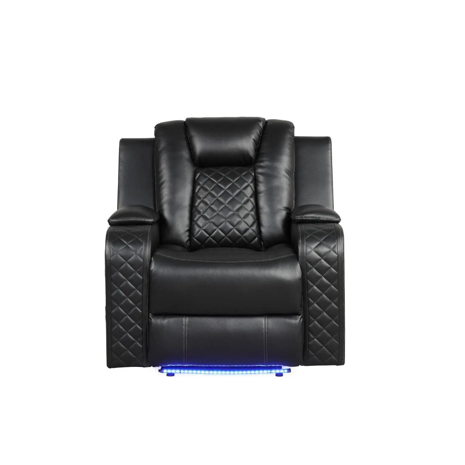 Benz LED Power Recliner with Adjustable Headrest, black leather, diamond quilting, blue LED base on Tampa Home & Garden Store