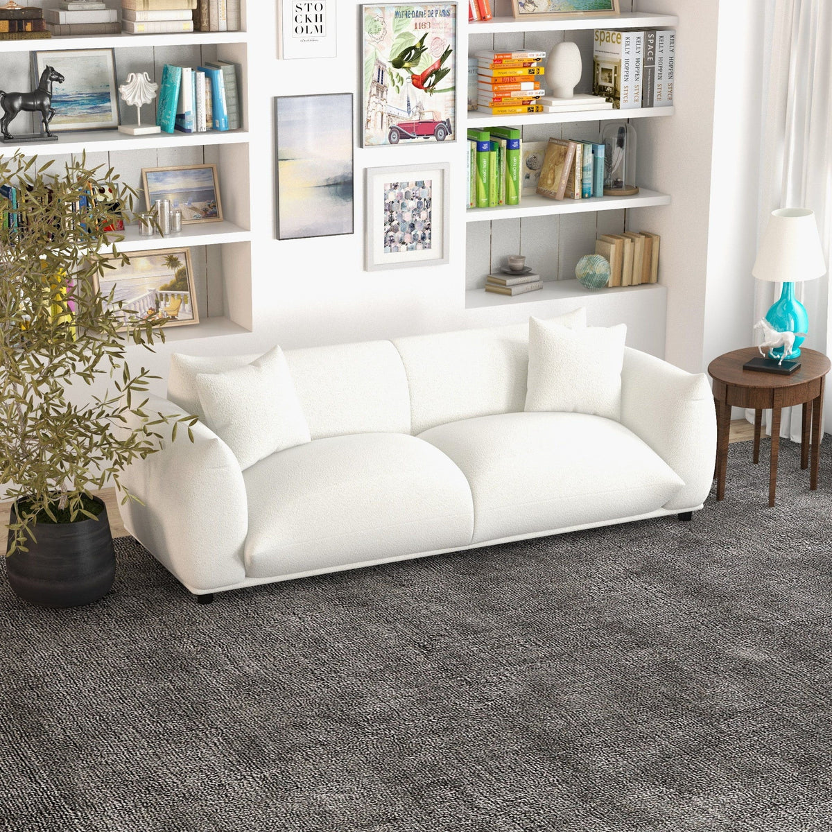 Mid-Century Modern luxury sofa with tufted white fabric, HouseOfZazla sofa in living room on Tampa Home & Garden Store