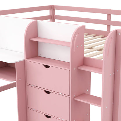 Low loft bed with built-in desk, pink finish, storage drawers, HouseOfZazla on Tampa Home & Garden Store