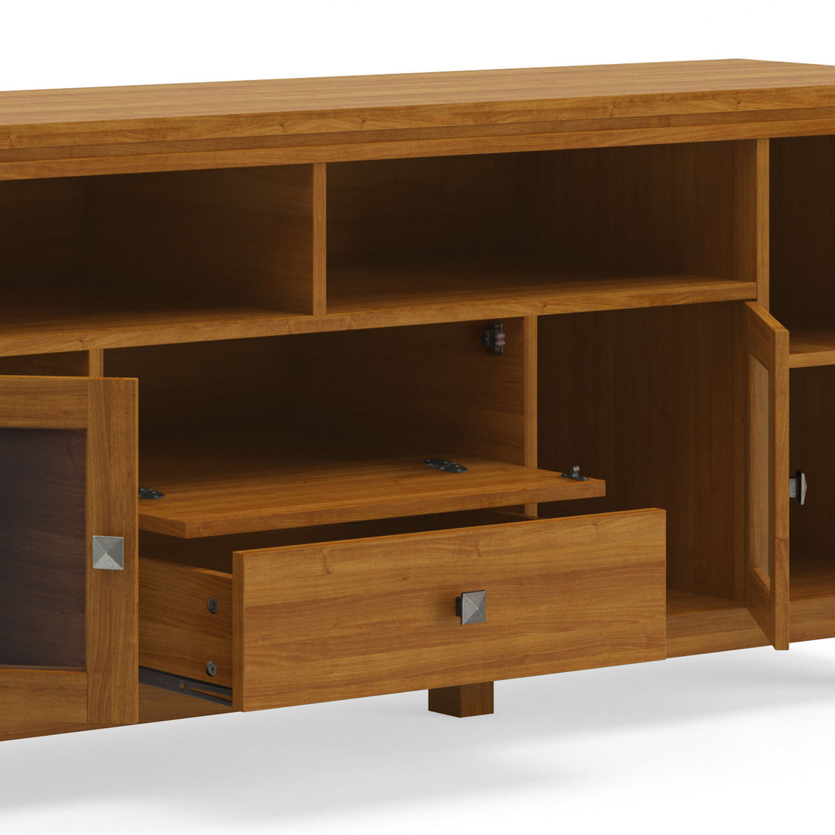 Wide handmade solid wood media stand with open cubbies and drawers in warm oak by HouseOfZazla on Tampa Home & Garden Store