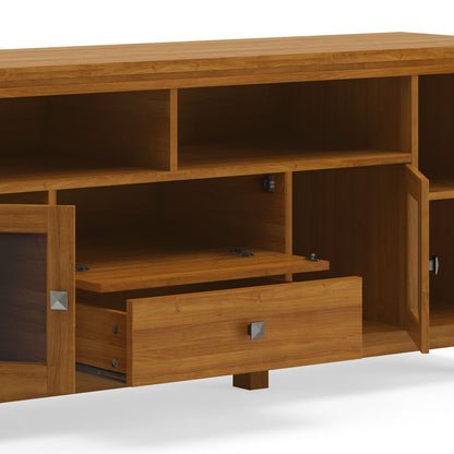 Wide handmade solid wood media stand with open cubbies and drawers in warm oak by HouseOfZazla on Tampa Home & Garden Store