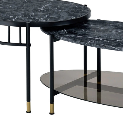 Silas black engineered stone top nesting tables on black metal frame with brass-tipped legs on Tampa Home & Garden Store