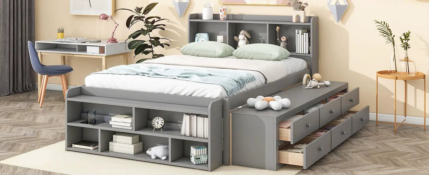 Bed With Bookcase Headboard and Under Bed Storage
