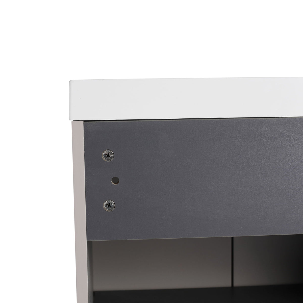 Freestanding bathroom vanity with soft close, white top cabinet over dark gray base on Tampa Home & Garden Store