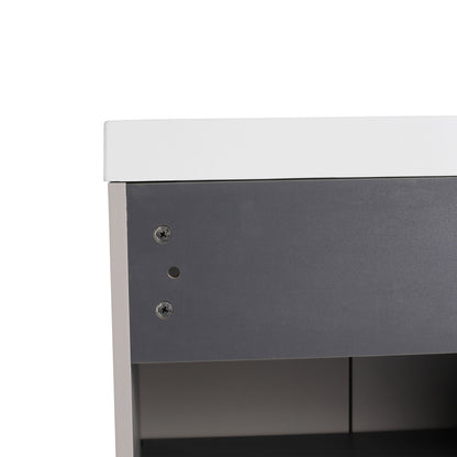 Freestanding bathroom vanity with soft close, white top cabinet over dark gray base on Tampa Home & Garden Store