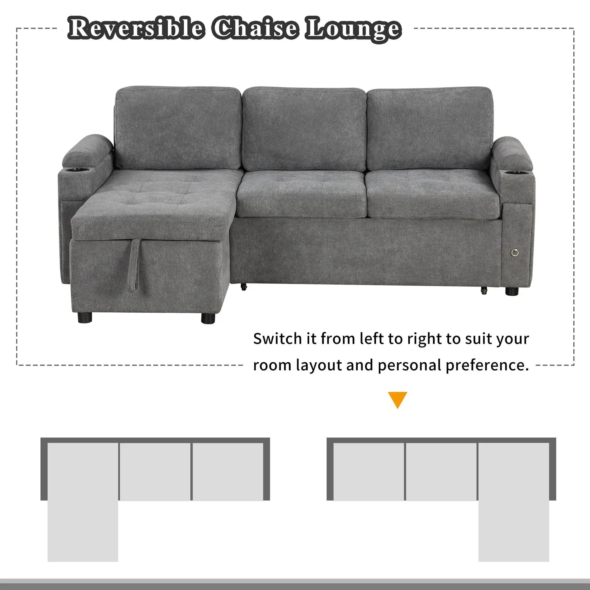 Convertible L-shaped gray sofa couch with storage ottoman and USB ports by Unique Piece Furniture on Tampa Home & Garden Store