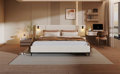 Elegant Boucle Bed With Built In Light And Shelf