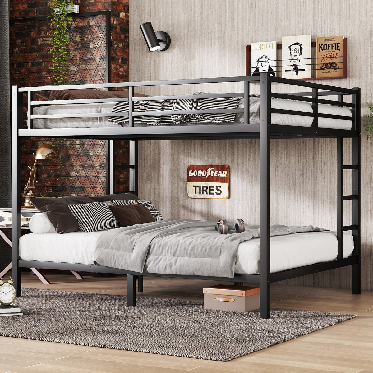 Metal Queen over Queen bunk bed by HouseOfZazla, black metal frame with gray guard rails on Tampa Home & Garden Store