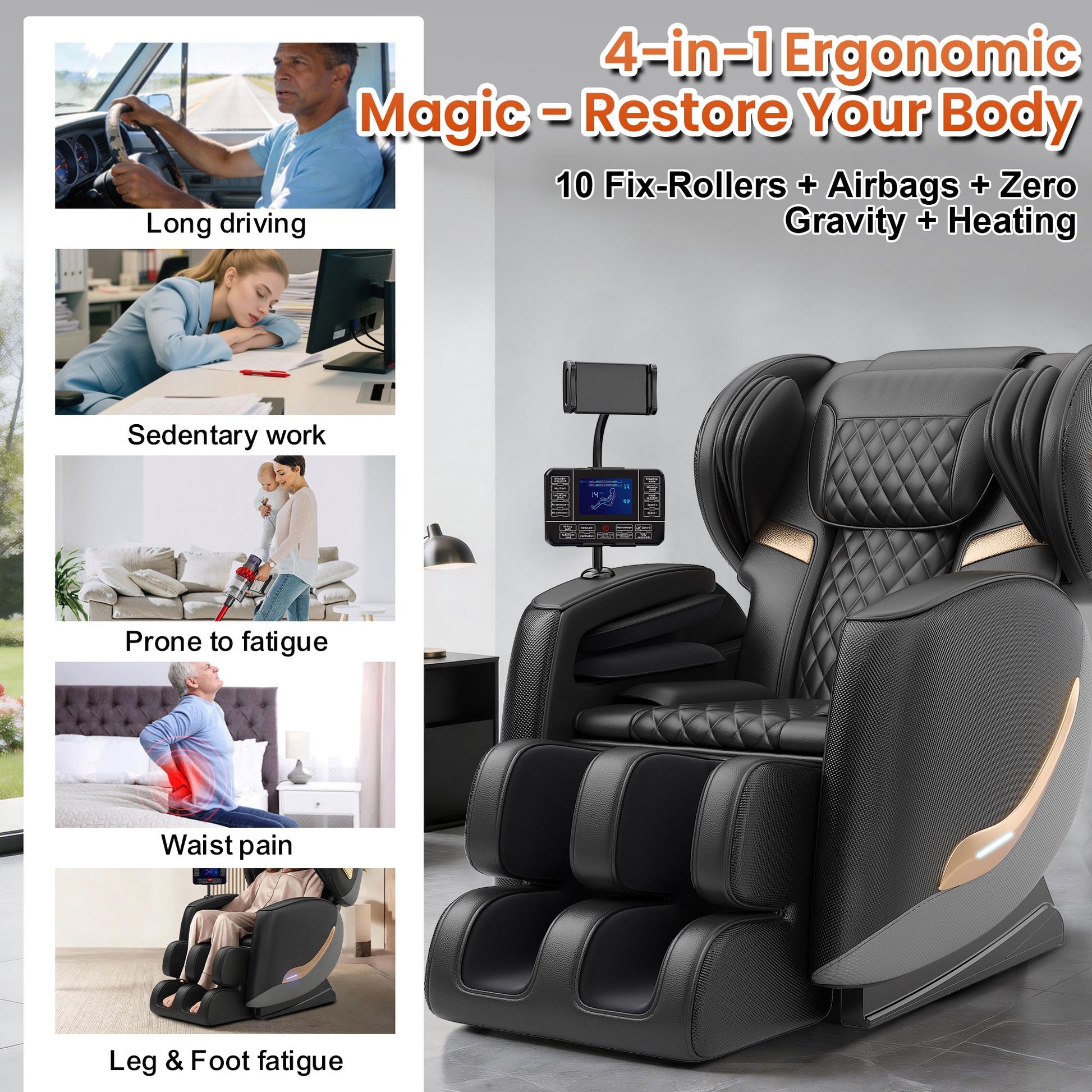 Massage chair full body recliner by HouseOfZazla with black quilted leather and control panel on Tampa Home & Garden Store