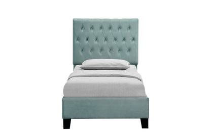 Luma upholstered bed with teal tufted headboard and white bedding by HouseOfZazla on Tampa Home & Garden Store