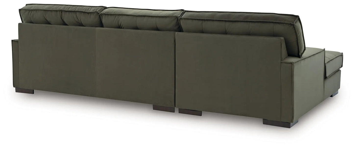 Caspian Town sectional sofa olive green fabric, stationary with back cushions and wood feet on Tampa Home & Garden Store