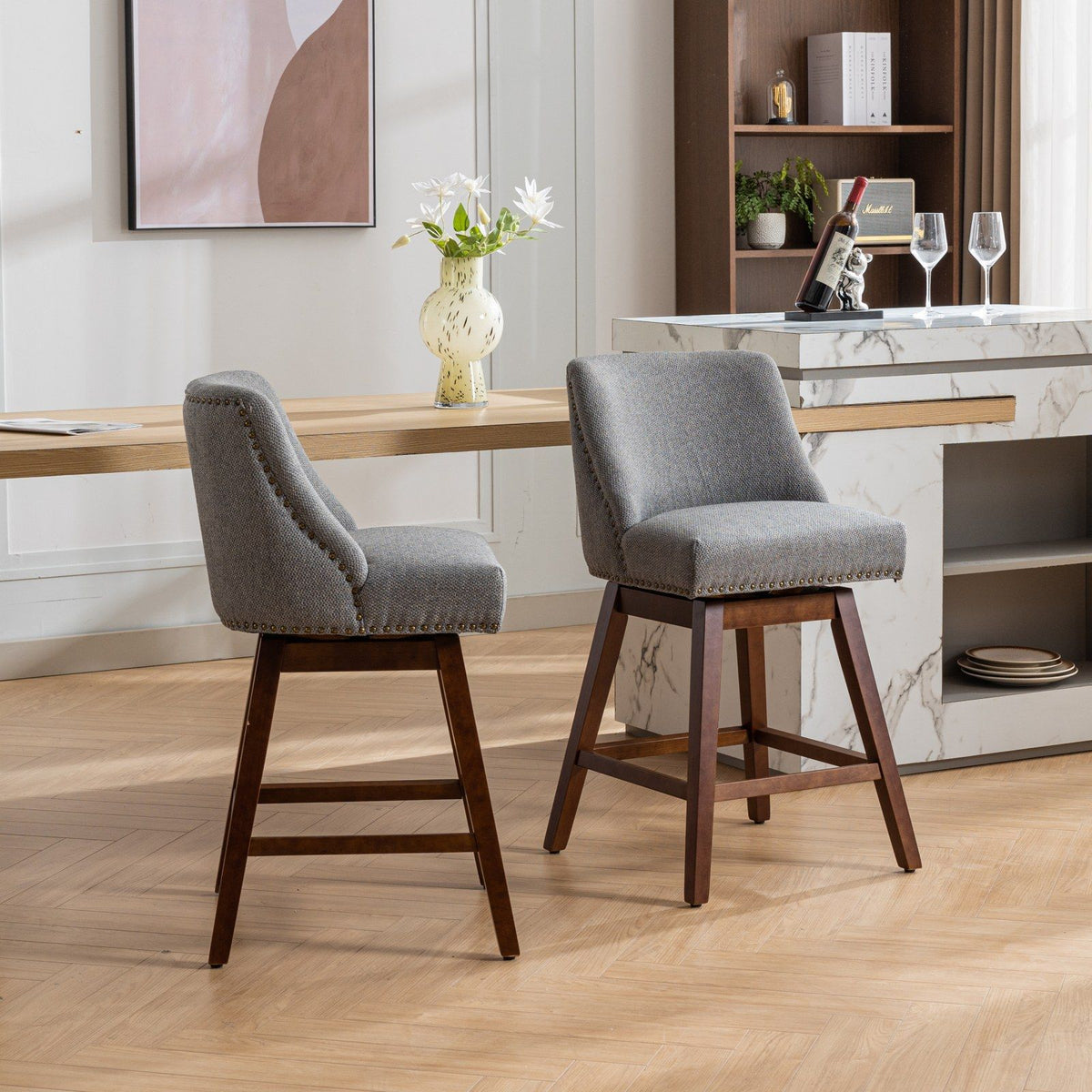 Counter height swivel bar stools set of 2 on gray upholstery with dark wood legs on Tampa Home & Garden Store