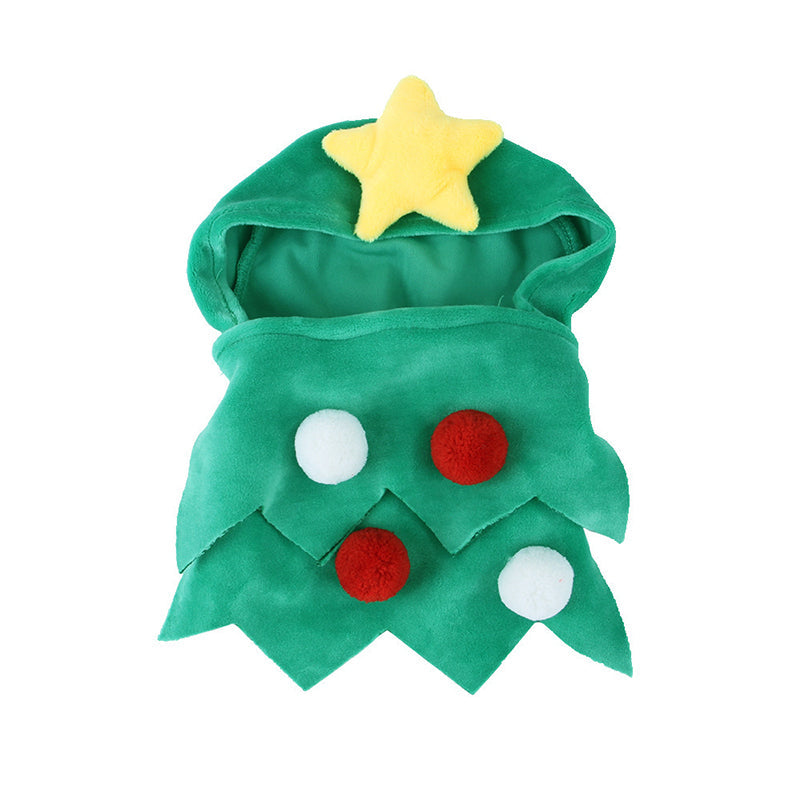 Pet Zen green hooded Christmas tree cloak for pets with yellow star and red and white pom-poms on Tampa Home & Garden Store