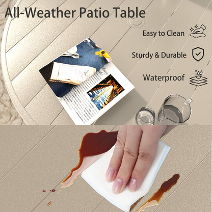 All-Weather Patio Table beige textured top with magazines on Tampa Home & Garden Store