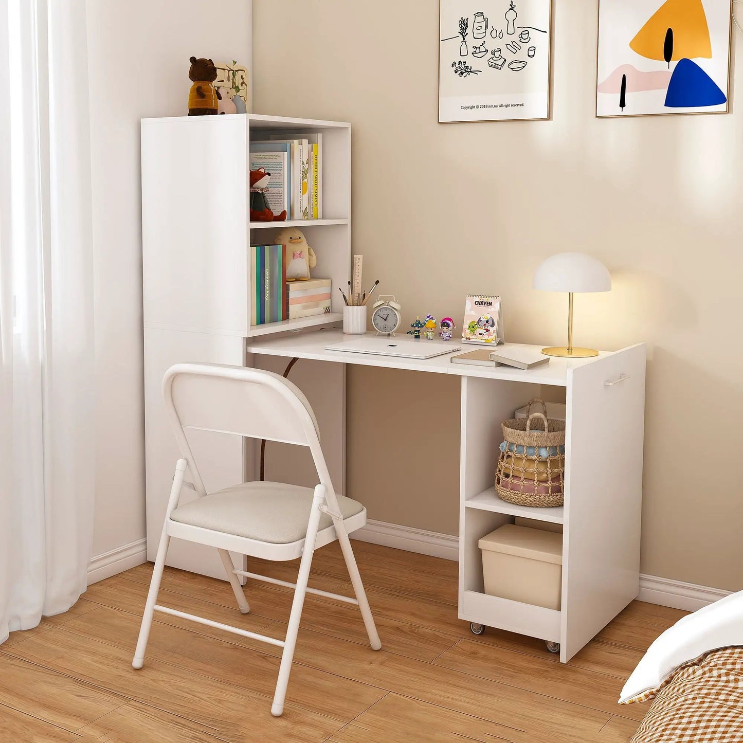 Stretchable Office Desk with Shelves and Wheels