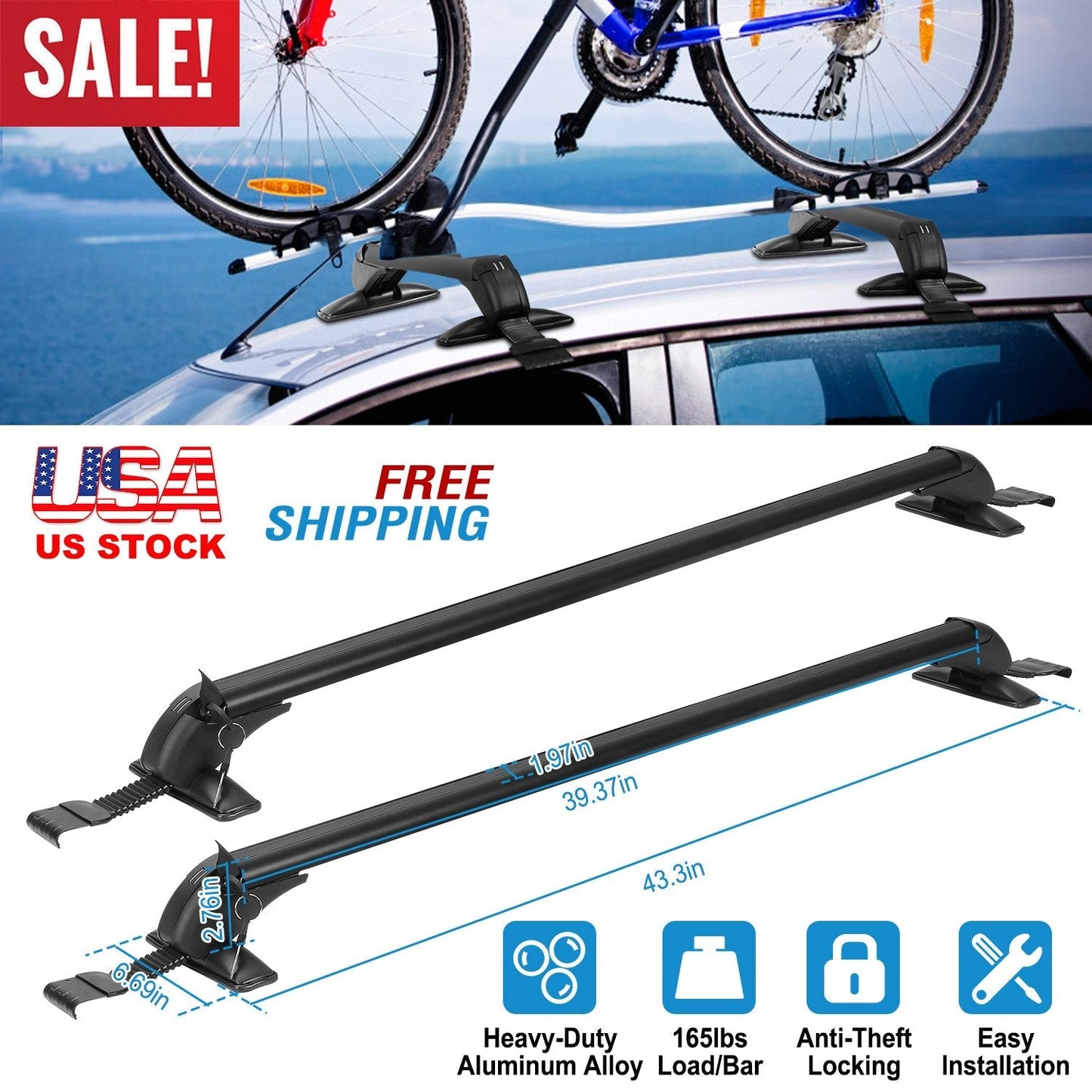 Car roof rack cross bars 110cm 2pc GemGear with anti-theft locks, adjustable for bikes/kayaks on Tampa Home & Garden Store