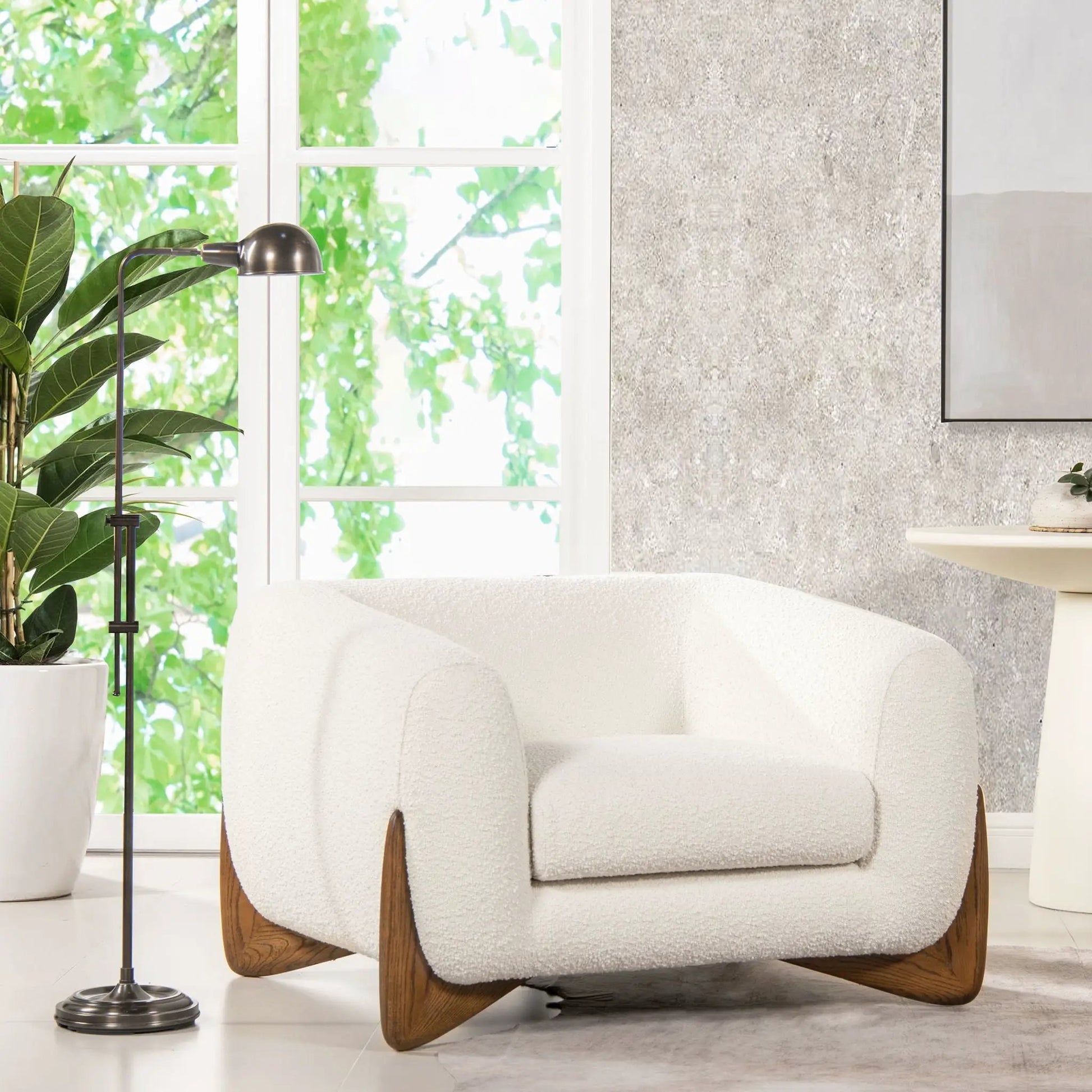 Alpine Sherpa Arm Chair, white boucle upholstery on wood base by Unique Piece Furniture on Tampa Home & Garden Store