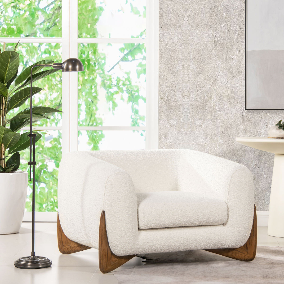 Pair of Sherpa Arm Chairs with removable cushions, white plush upholstery and wood bases on Tampa Home & Garden Store