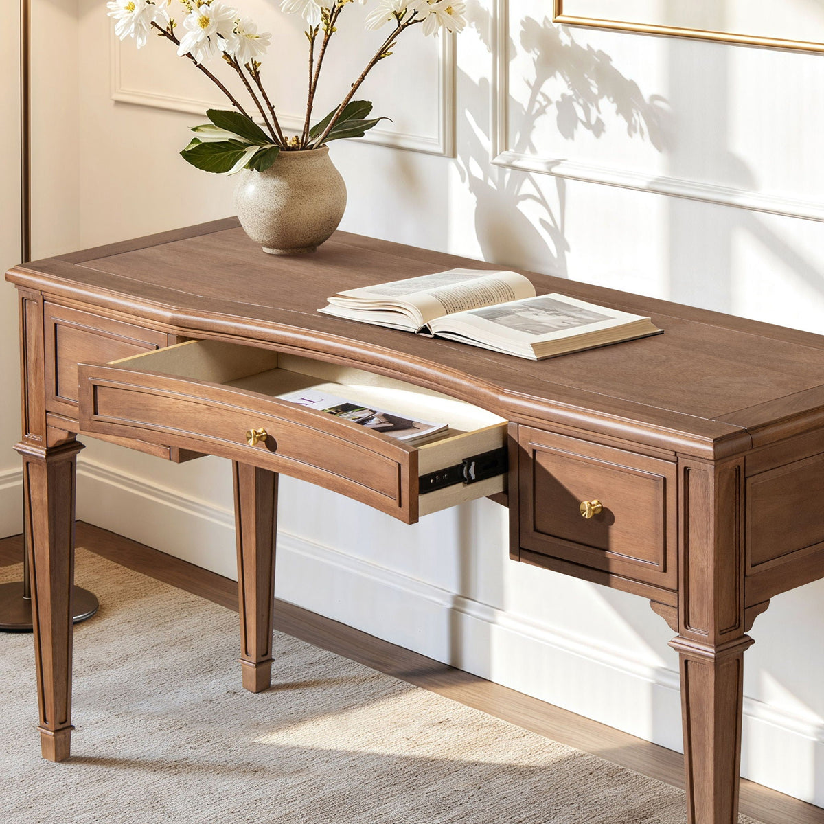 Brown Executive Desk with 3 Drawers Satin-Gold Hardware by HouseOfZazla on Tampa Home & Garden Store