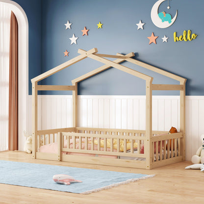 Bed House Bed Frame With Fence canopy bed in natural wood finish for kids room on Tampa Home & Garden Store