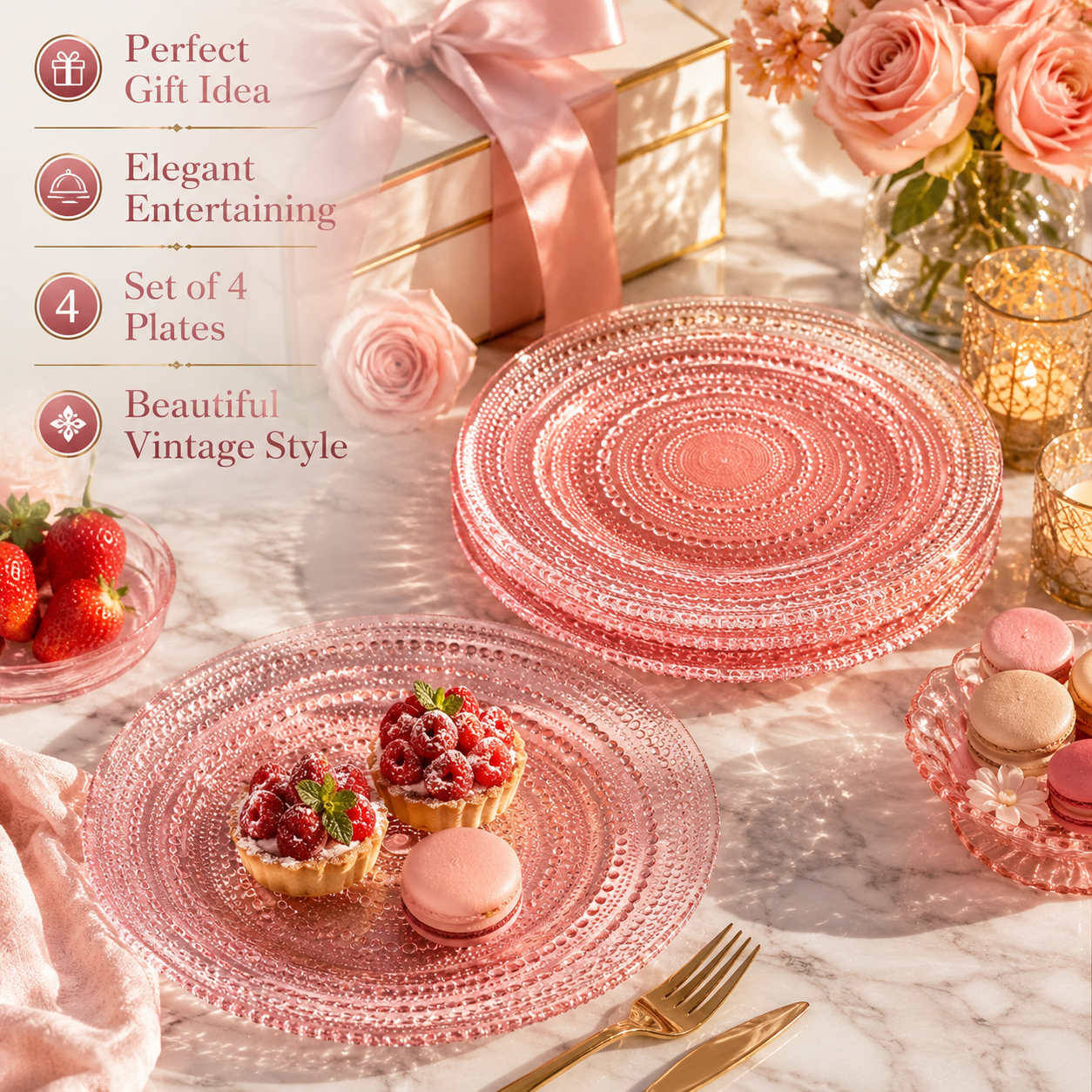 Blush Pink Hobnail Glass Dinner Plates Set of 4