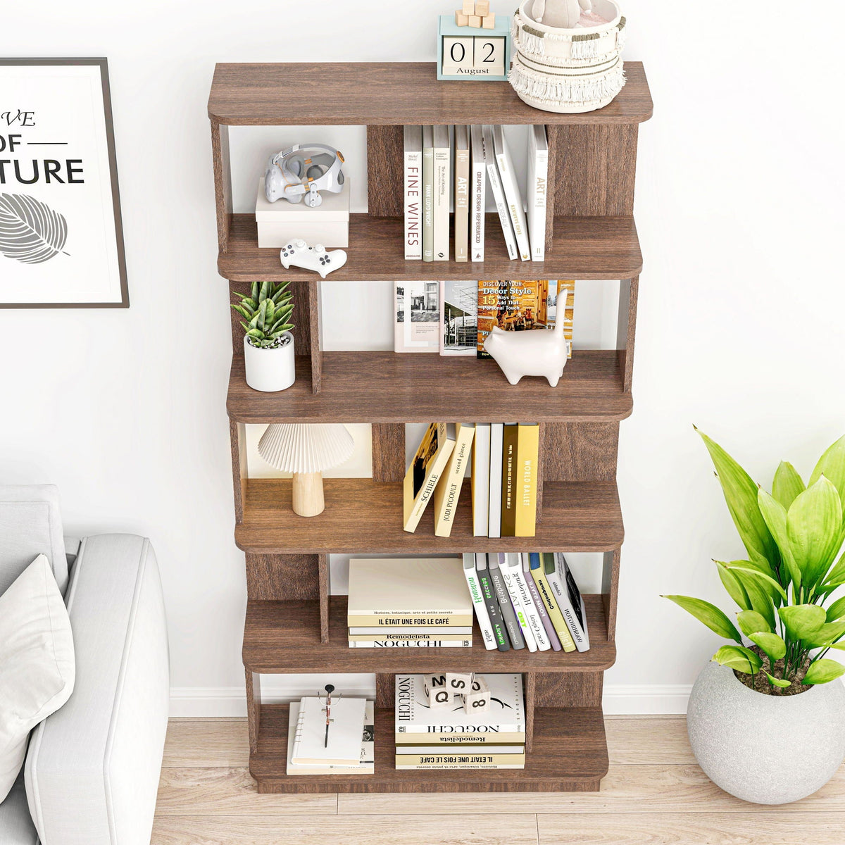 HouseOfZazla 5-Tier Open Bookshelf Dark Brown with adjustable shelves, holds books and decor on Tampa Home & Garden Store