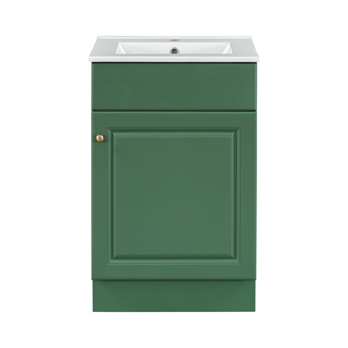Bathroom vanity with sink, green cabinet, white countertop, brass knob, adjustable shelf on Tampa Home & Garden Store