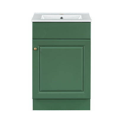 Bathroom vanity with sink, green cabinet, white countertop, brass knob, adjustable shelf on Tampa Home & Garden Store