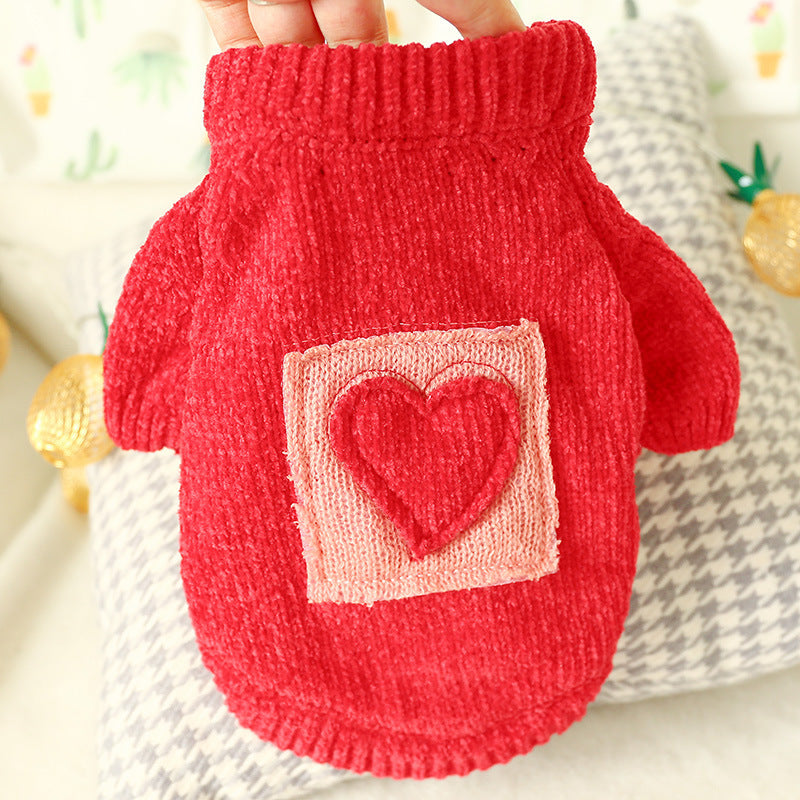 Bowknot red knit dog sweater with pink heart patch Pet Zen dog clothes on Tampa Home & Garden Store