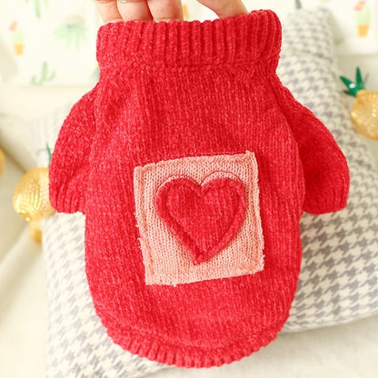 Bowknot red knit dog sweater with pink heart patch Pet Zen dog clothes on Tampa Home & Garden Store