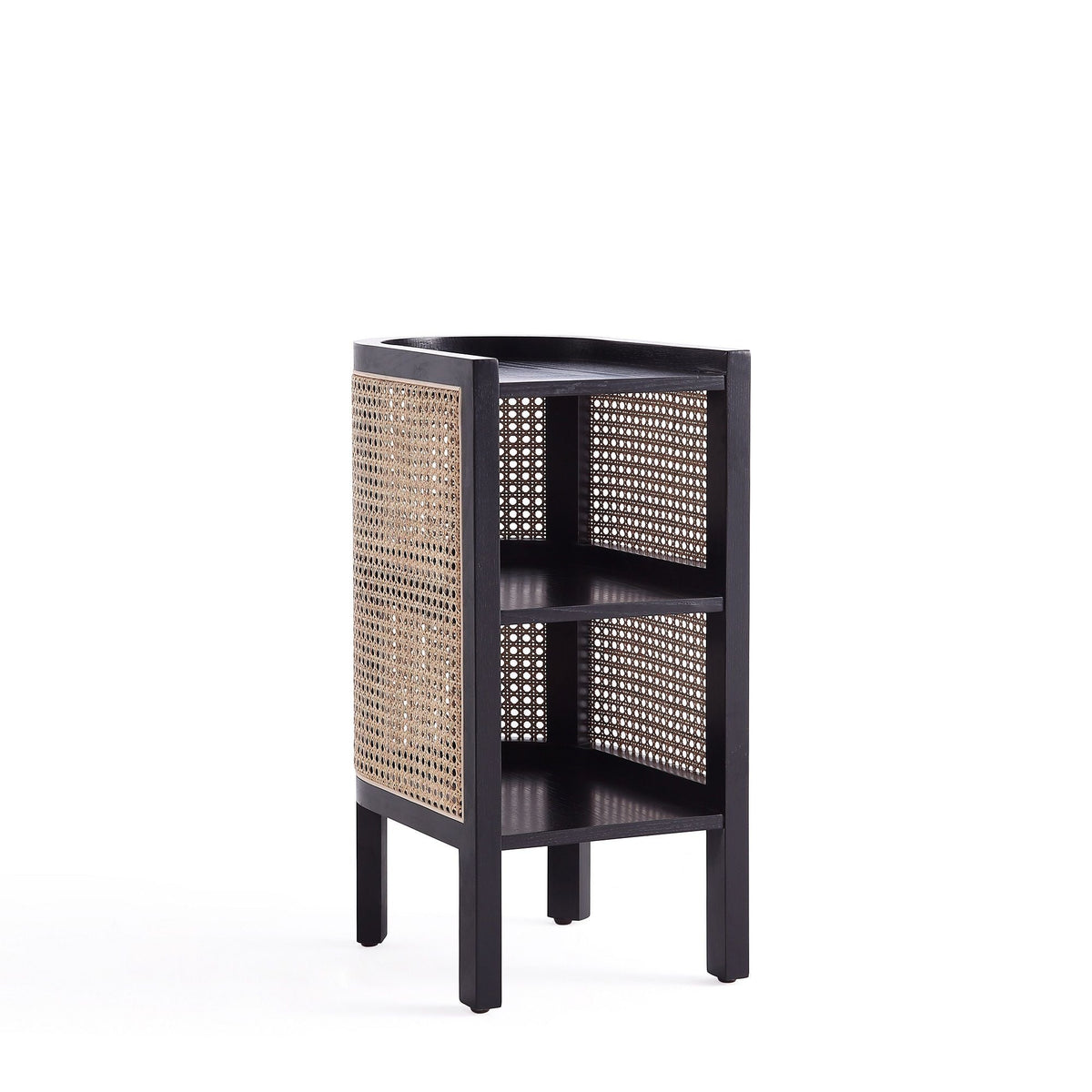 Modern chic end table with two shelves, black frame and natural cane panels on Tampa Home & Garden Store