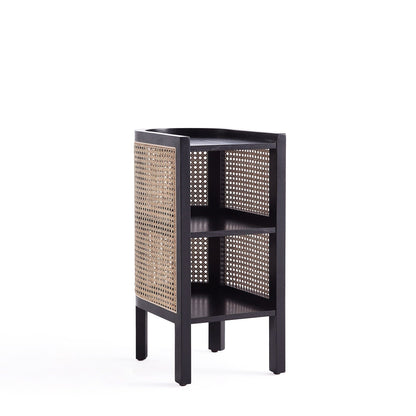 Modern chic end table with two shelves, black frame and natural cane panels on Tampa Home & Garden Store