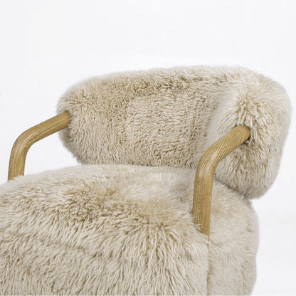 HouseOfZazla taupe beige sheepskin upholstered arm chair with curved oak arms on Tampa Home & Garden Store