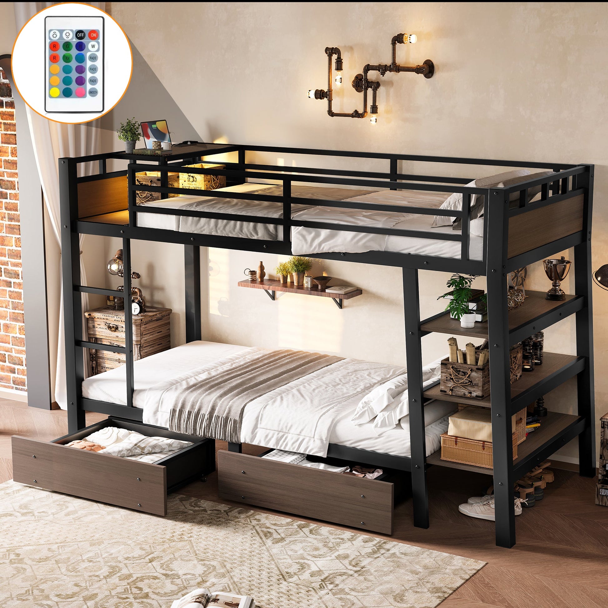 Twin size black metal bunk bed with built-in storage shelves, under-bed drawers, and LED light strip with USB power on Tampa Home & Garden Store