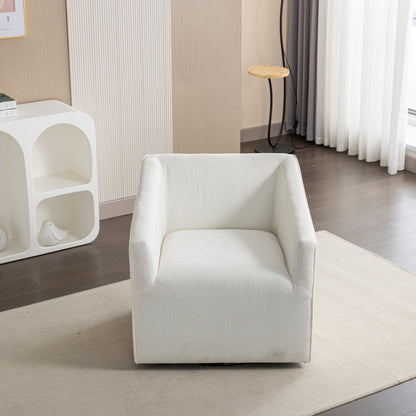 Nice modern upholstered barrel armchair in white fabric with 360° swivel in a showroom on Tampa Home & Garden Store