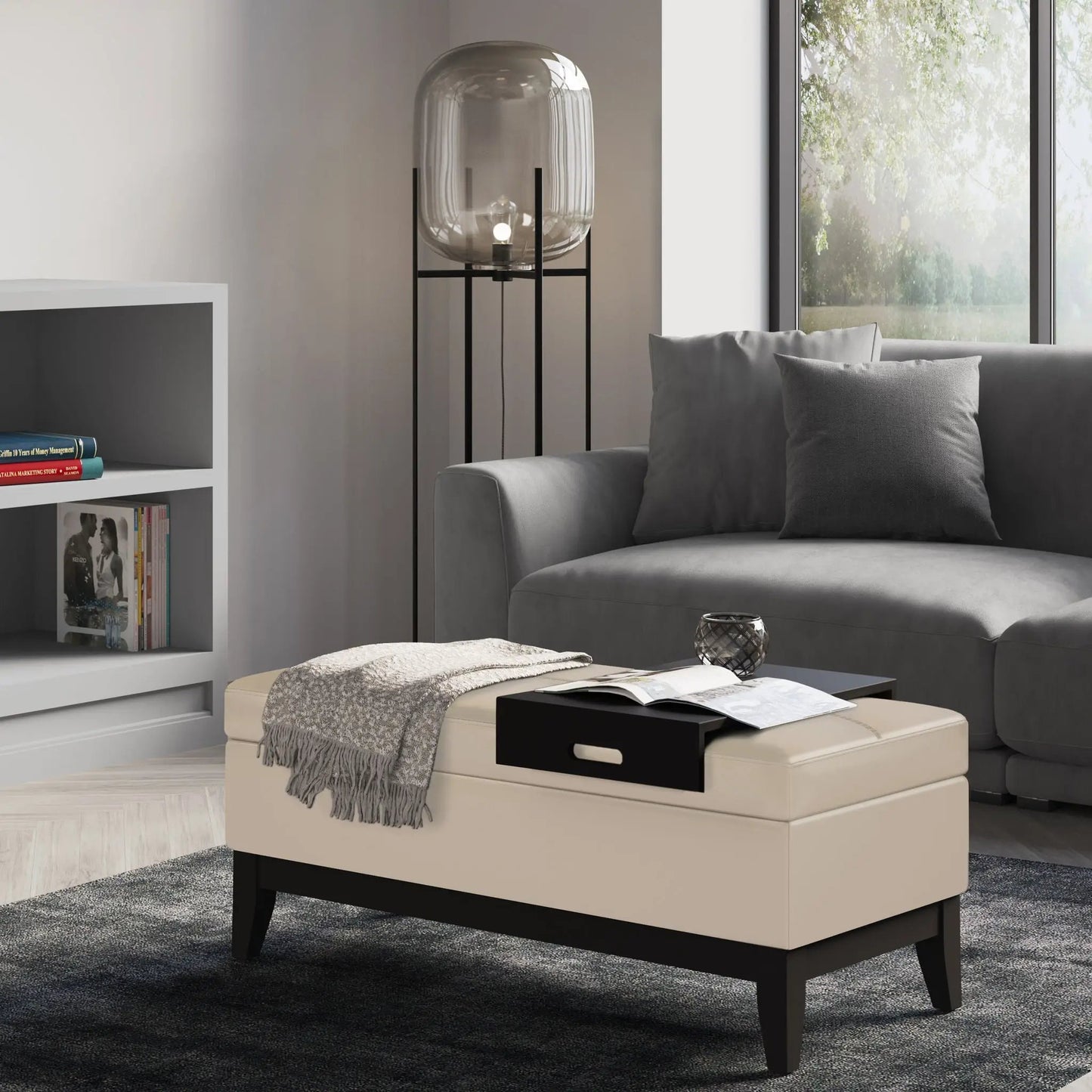 Oregon - Contemporary Storage Ottoman Bench With Tray in beige upholstery and black legs on Tampa Home & Garden Store