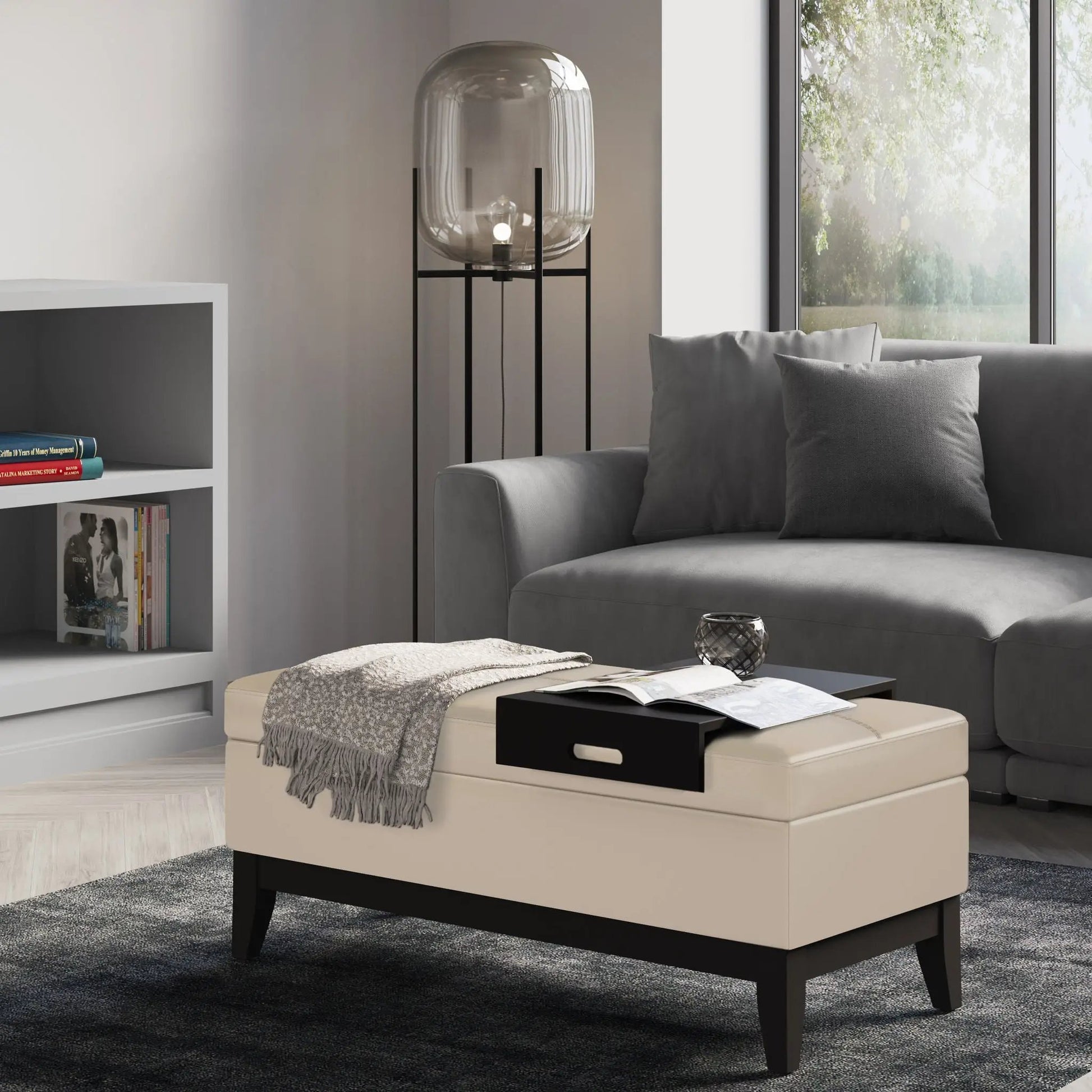 Oregon - Contemporary Storage Ottoman Bench With Tray in beige upholstery and black legs on Tampa Home & Garden Store