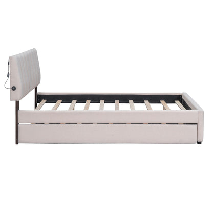 Beige upholstered platform bed frame with padded headboard and wooden slats on Tampa Home & Garden Store